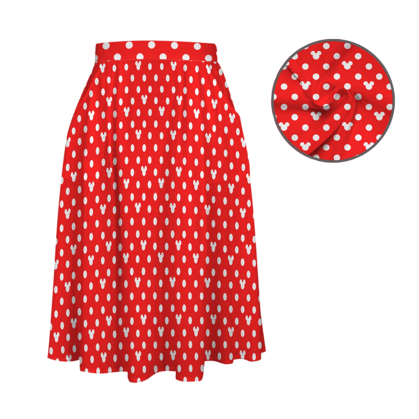 Red With White Mickey Polka Dots Elastic Waist Midi Skirt With Pockets