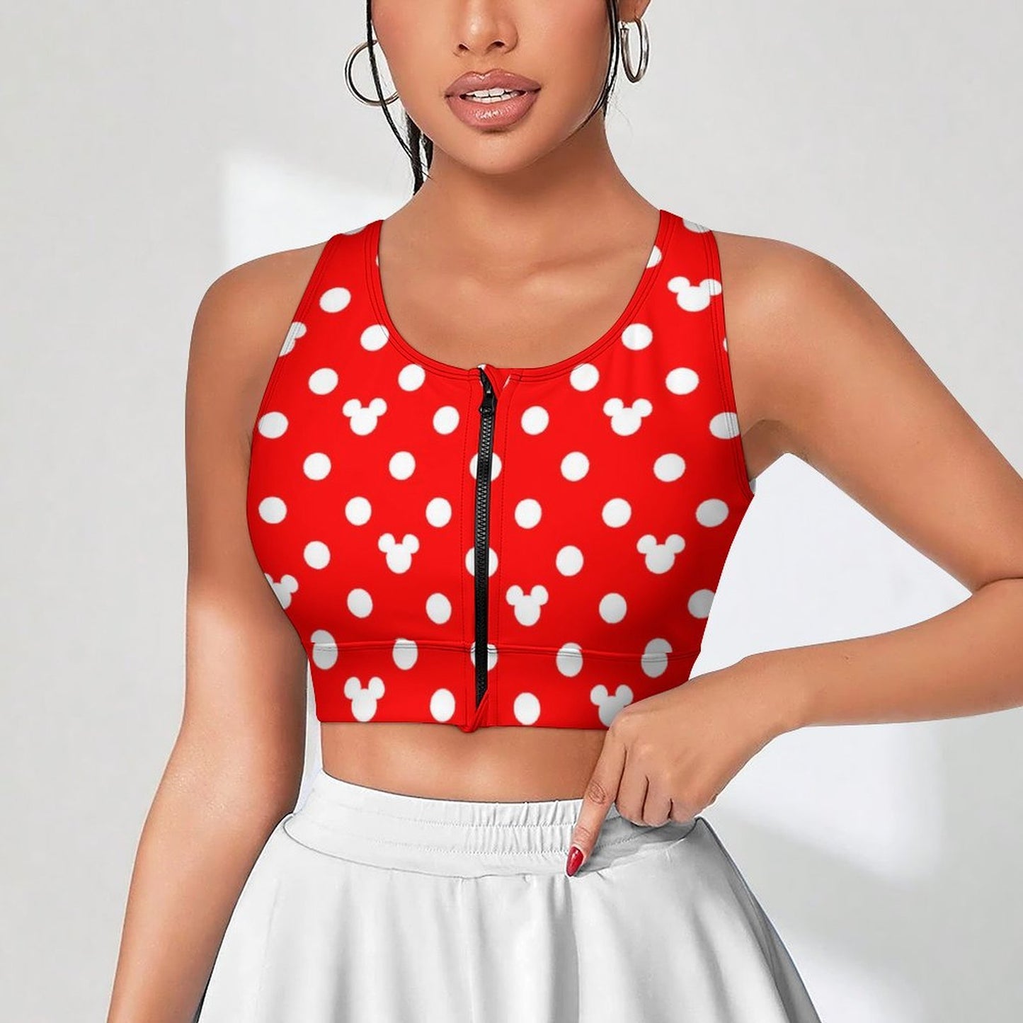 Red With White Mickey Polka Dots Women's Yoga Zipper Vest - Ambrie