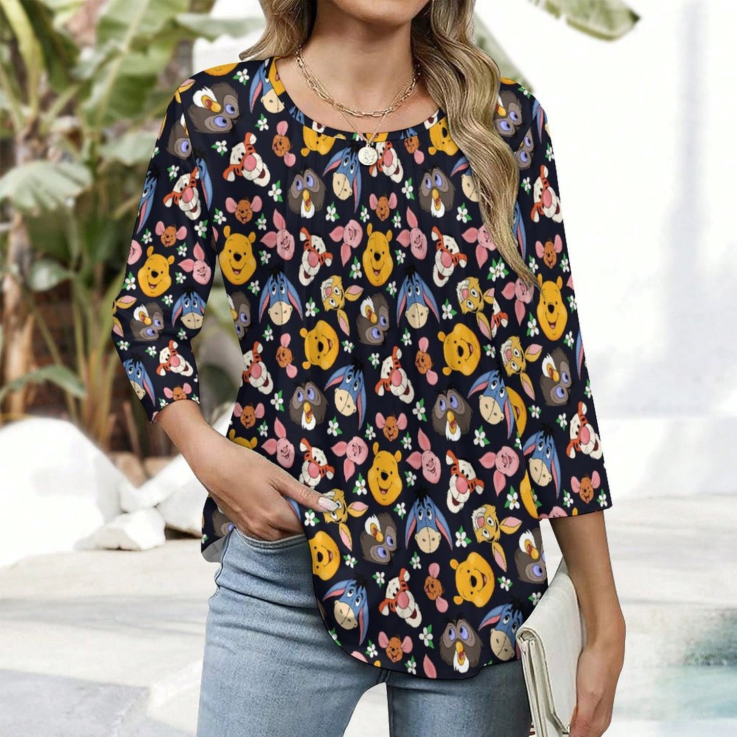 Hundred Acre Wood Friends Women's 3/4 Sleeve Pleated Tunic Top - Ambrie