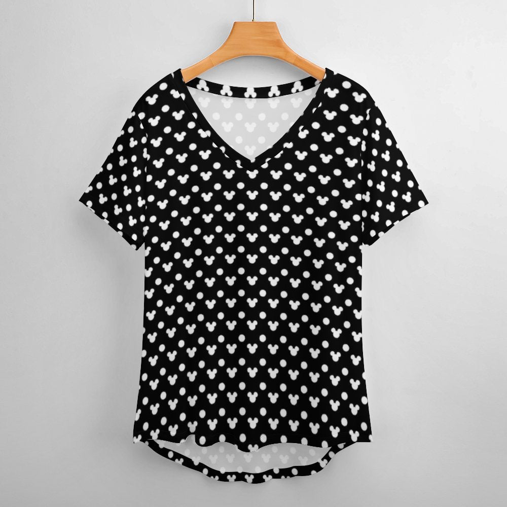 Black With White Mickey Polka Dots Women's V-Neck T-Shirt