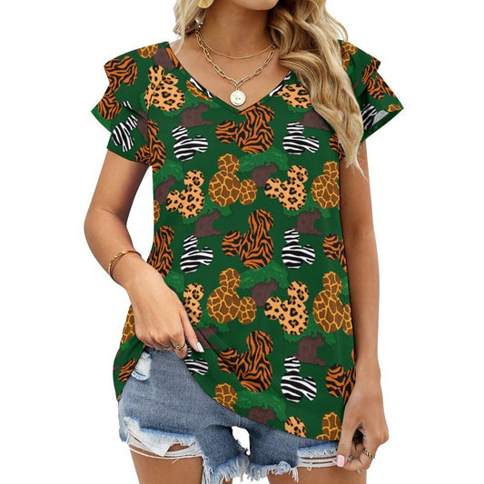 Animal Prints Women's Ruffle Sleeve V-Neck T-Shirt