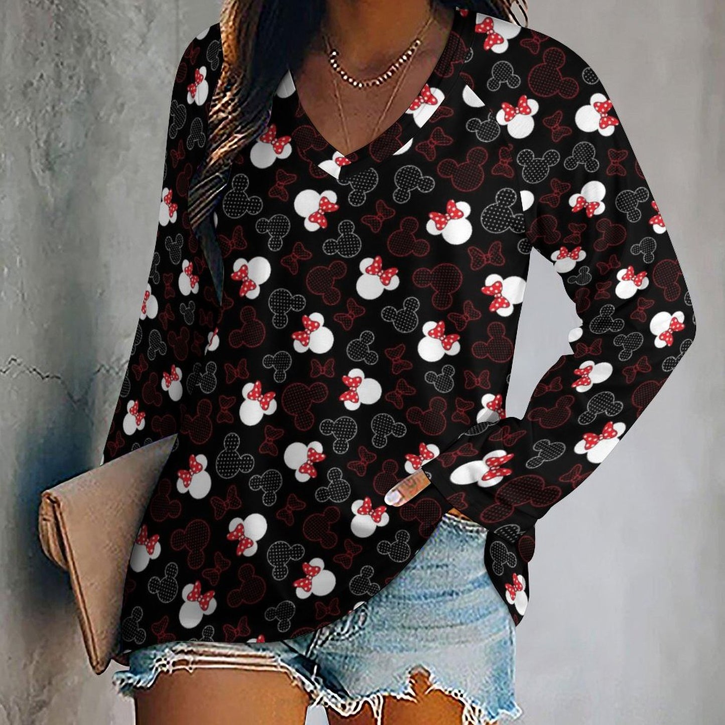 Mickey And Minnie Dots Long Sleeve Loose V-Neck Tee