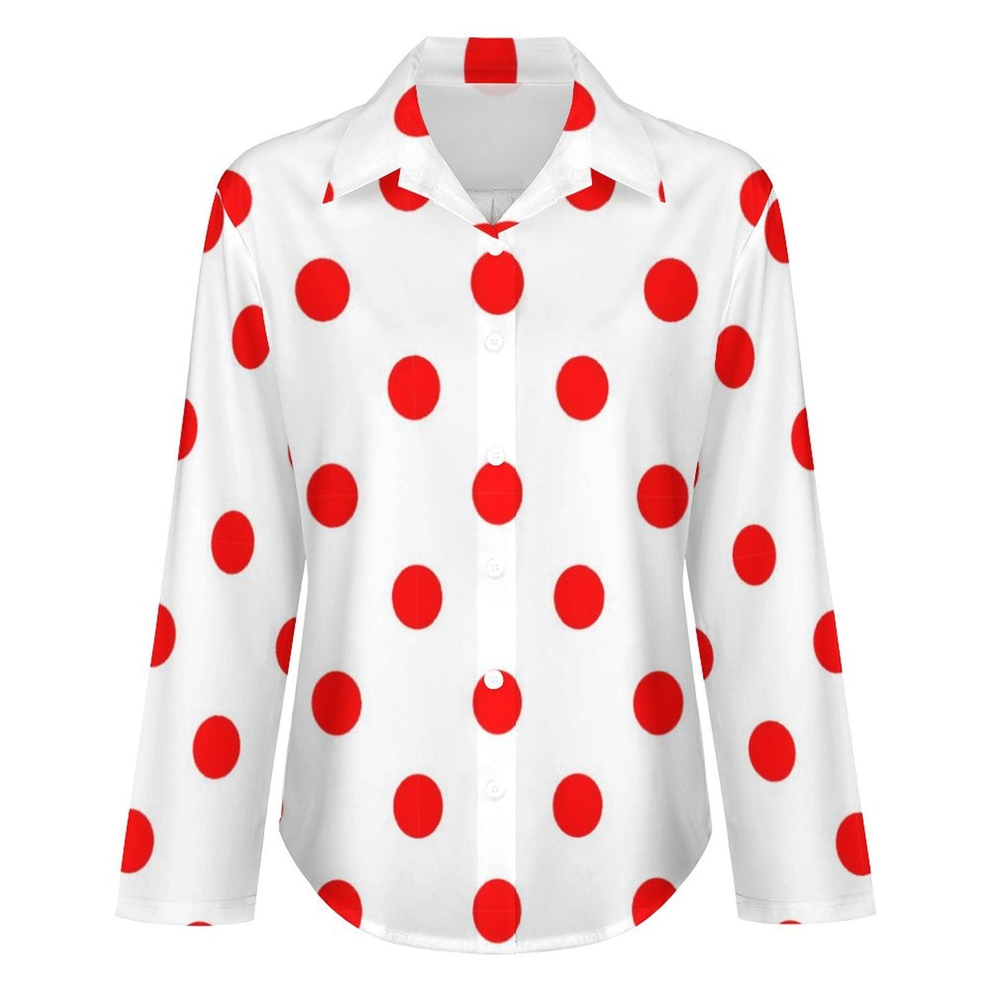 White With Red Polka Dots Long Sleeve Button Up Blouse