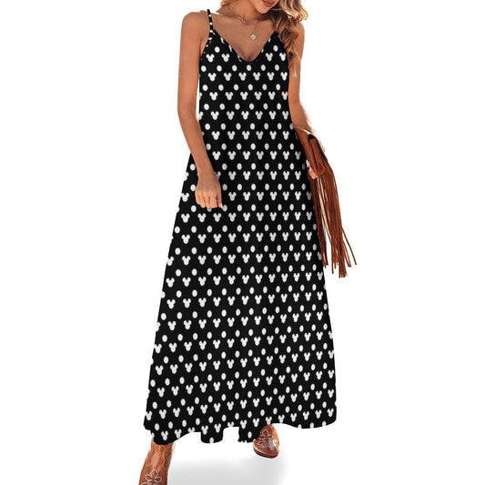Black With White Mickey Polka Dots Women's Summer Slip Long Dress