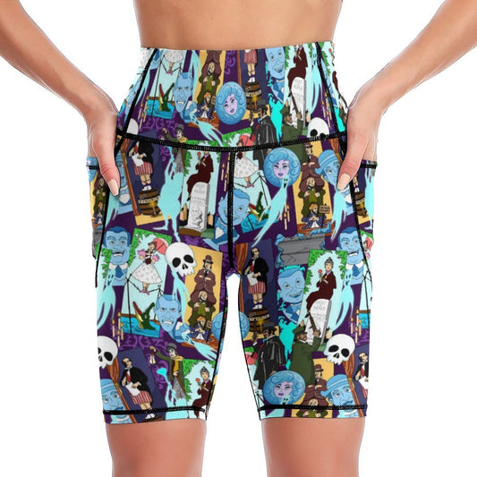 Haunted Mansion Favorites Women's Knee Length Athletic Yoga Shorts With Pockets