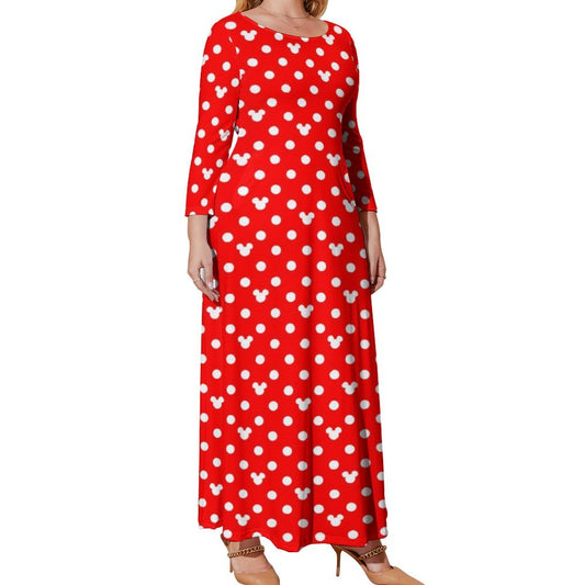 Red With White Mickey Polka Dots Plus Size Loose-Fit Long Sleeve Dress