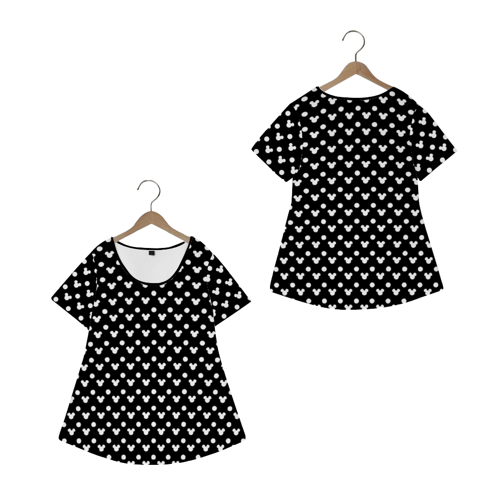 Black With White Mickey Polka Dots Women's Crew Neck Loose Tunic