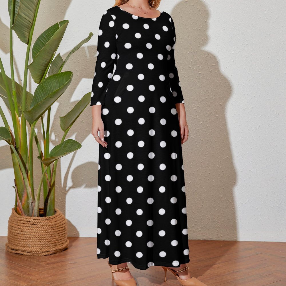 Black With White Polka Dots Plus Size Loose-Fit Long Sleeve Dress