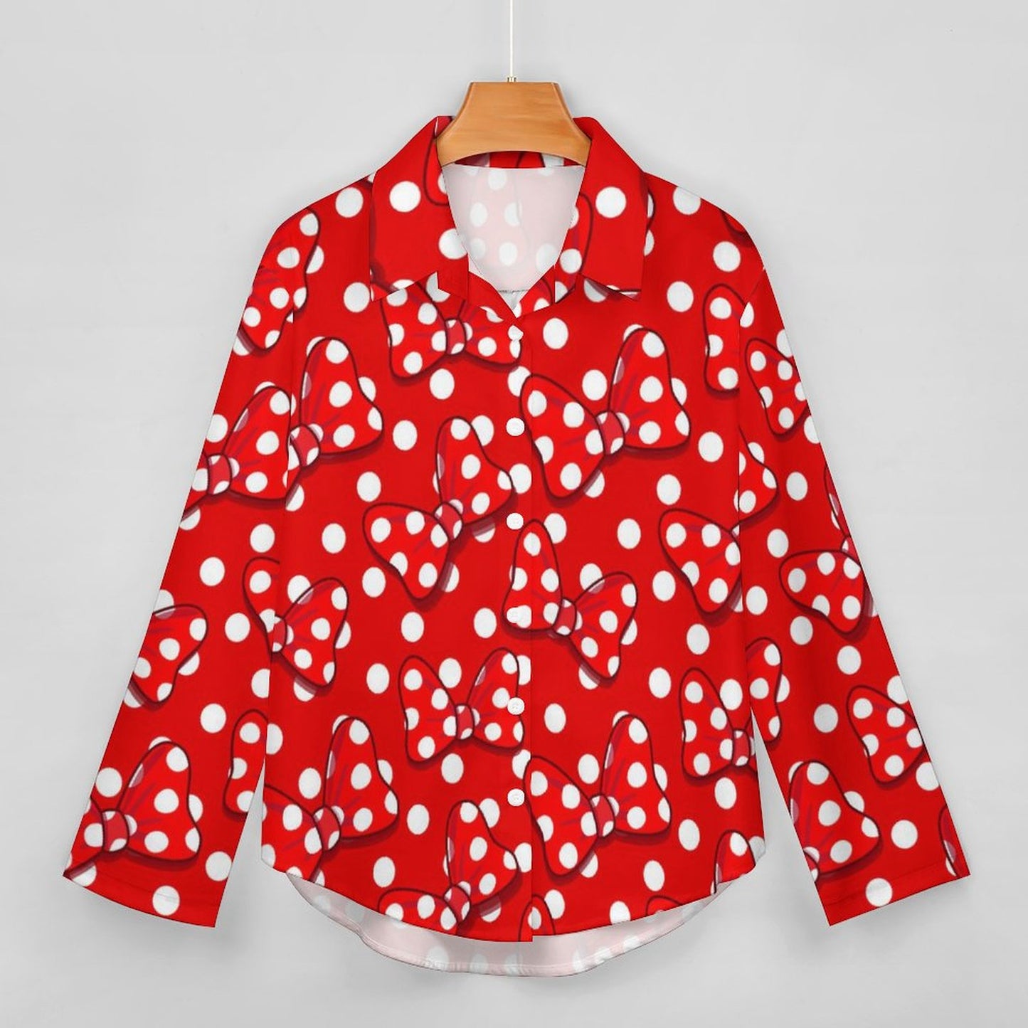 Red With White Polka Dot And Bows Long Sleeve Button Up Blouse