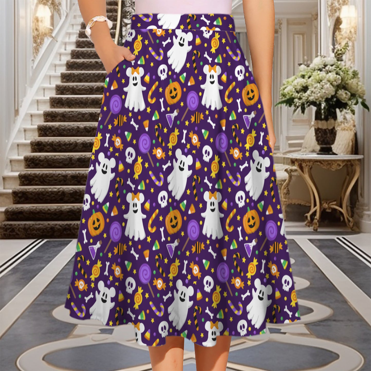 Spooky Mickey Elastic Waist Midi Skirt With Pockets