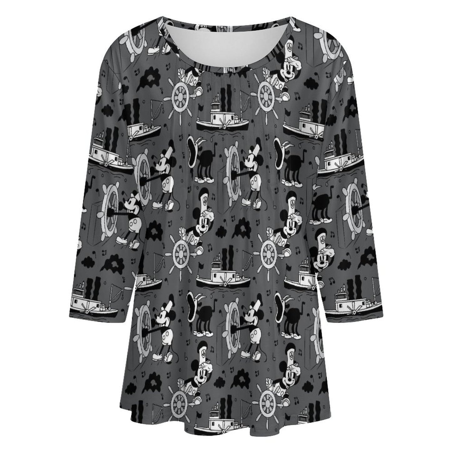 Steamboat Mickey Women's 3/4 Sleeve Pleated Tunic Top - Ambrie