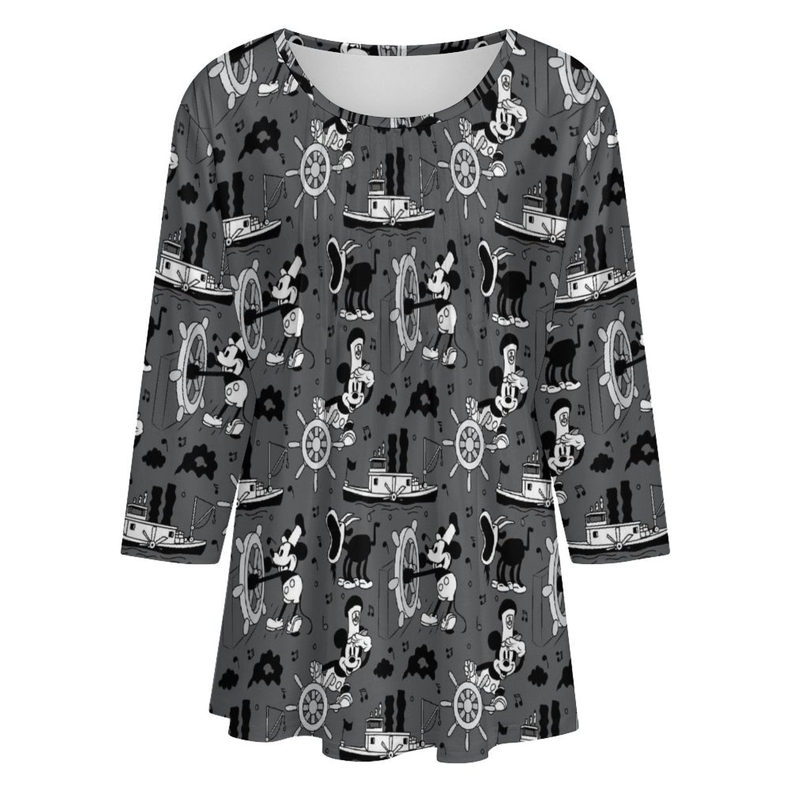 Steamboat Mickey Women's 3/4 Sleeve Pleated Tunic Top - Ambrie