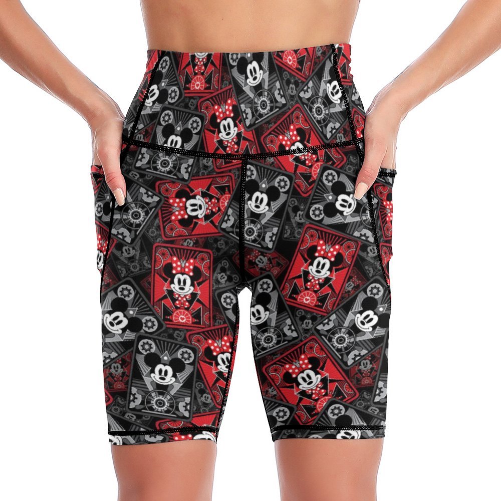 Steamboat Mickey And Minnie Cards Women's Knee Length Athletic Yoga Shorts With Pockets