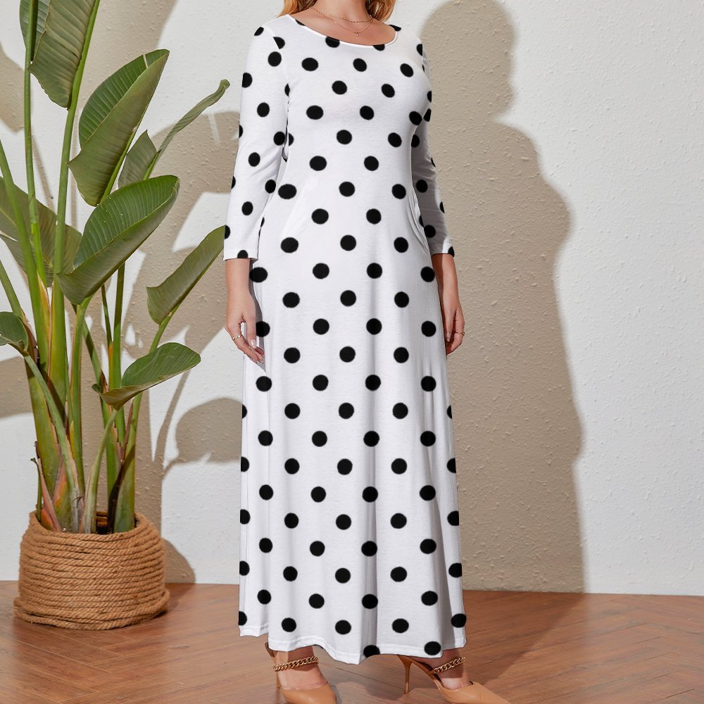 White With Black Polka Dots Plus Size Loose-Fit Long Sleeve Dress