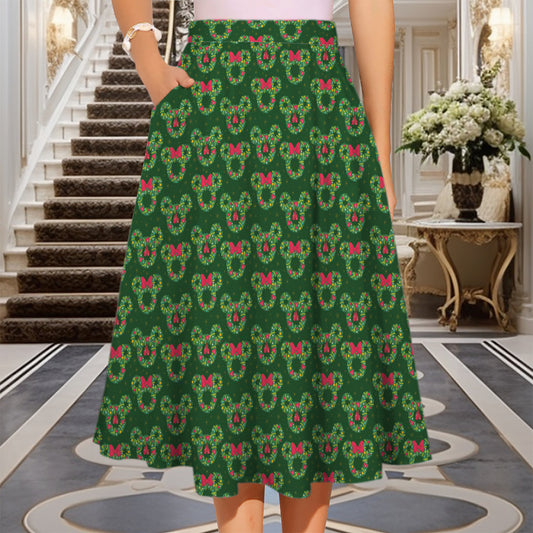 Christmas Wreaths Elastic Waist Midi Skirt With Pockets
