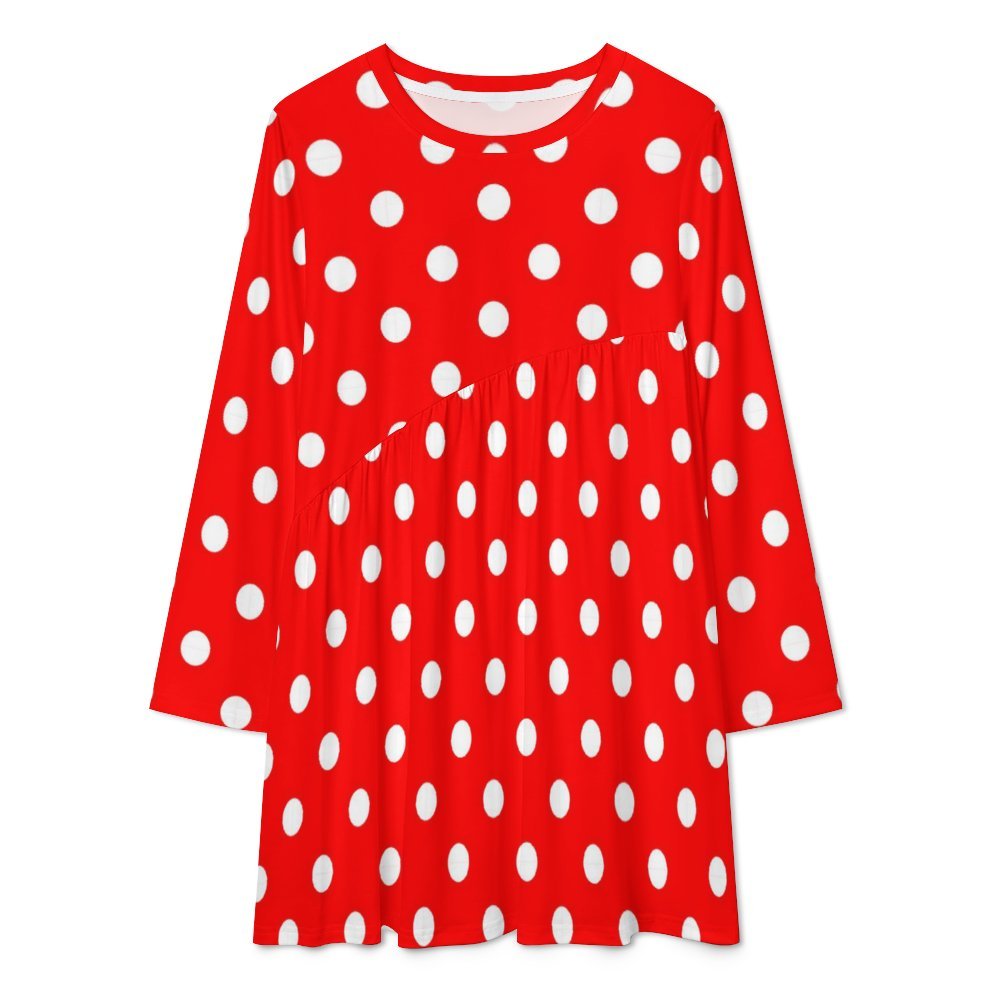 Red With White Polka Dots Long Sleeve Patchwork T-shirt Dress