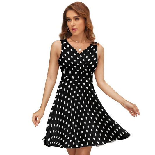 Black With White Polka Dots V-Neck Sleeveless Dress