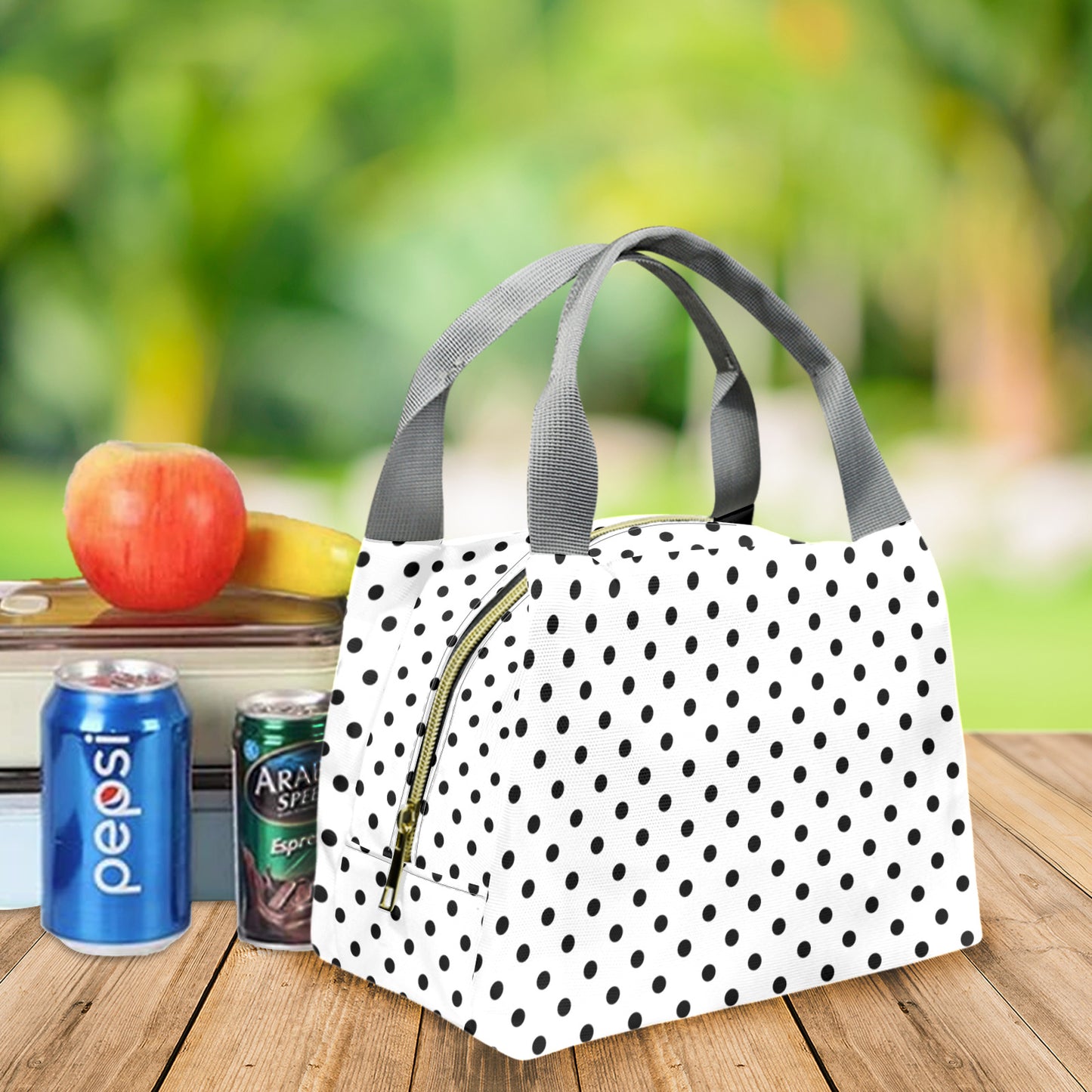 White With Black Polka Dots Portable Lunch Bag