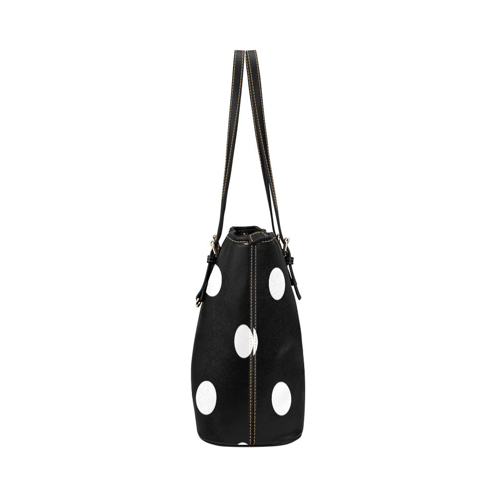 Black With White Polka Dots Leather Tote Bag