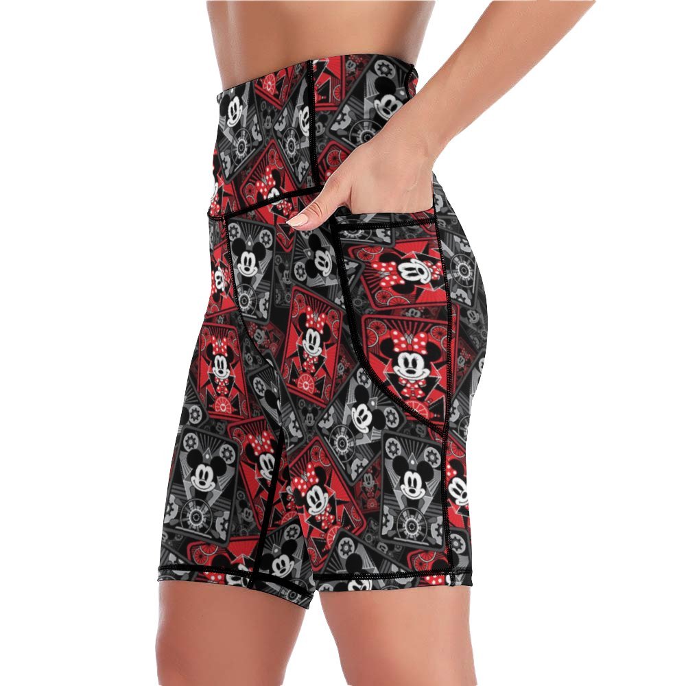 Steamboat Mickey And Minnie Cards Women's Knee Length Athletic Yoga Shorts With Pockets