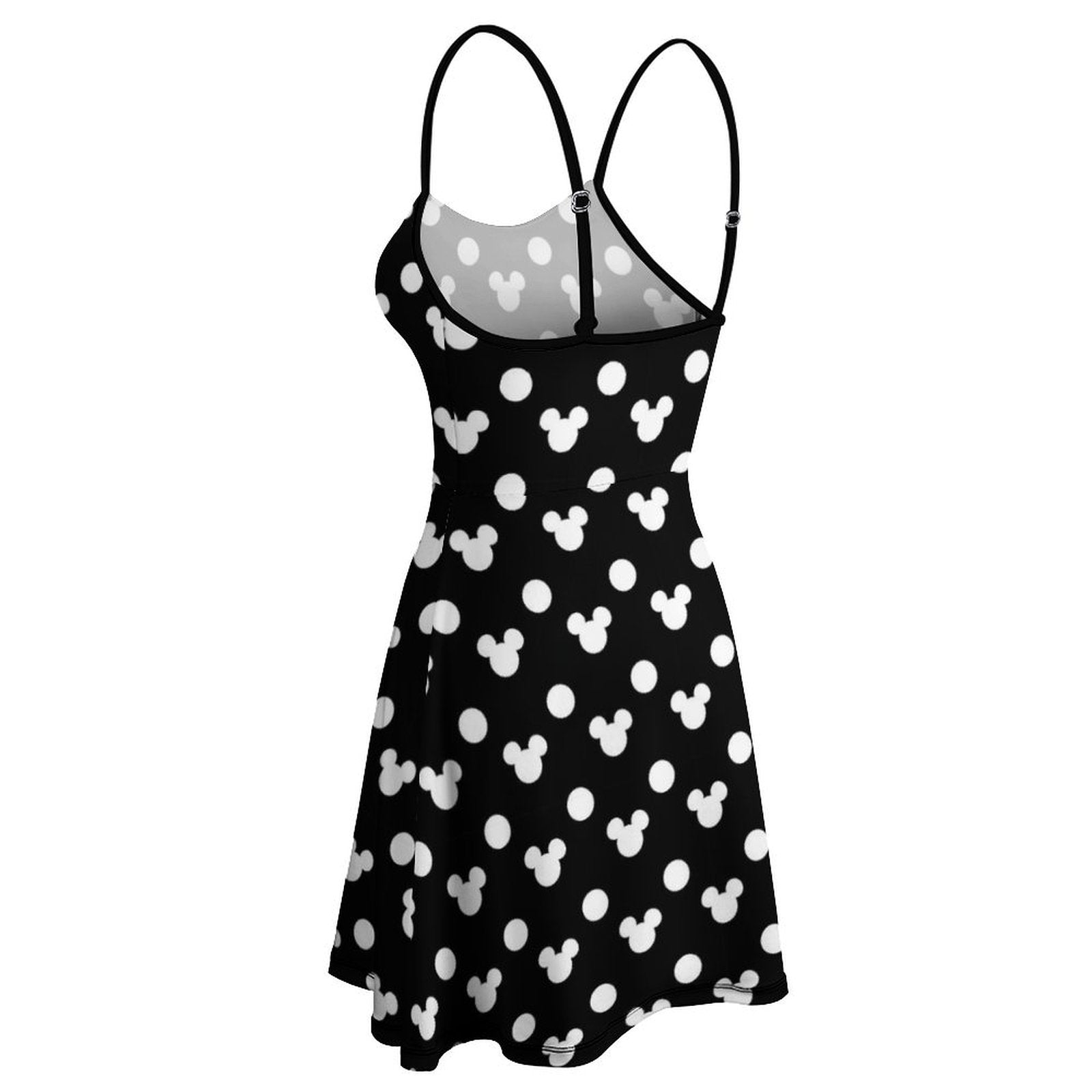 Black With White Mickey Polka Dots Women’s Sling Short Dress - Ambrie