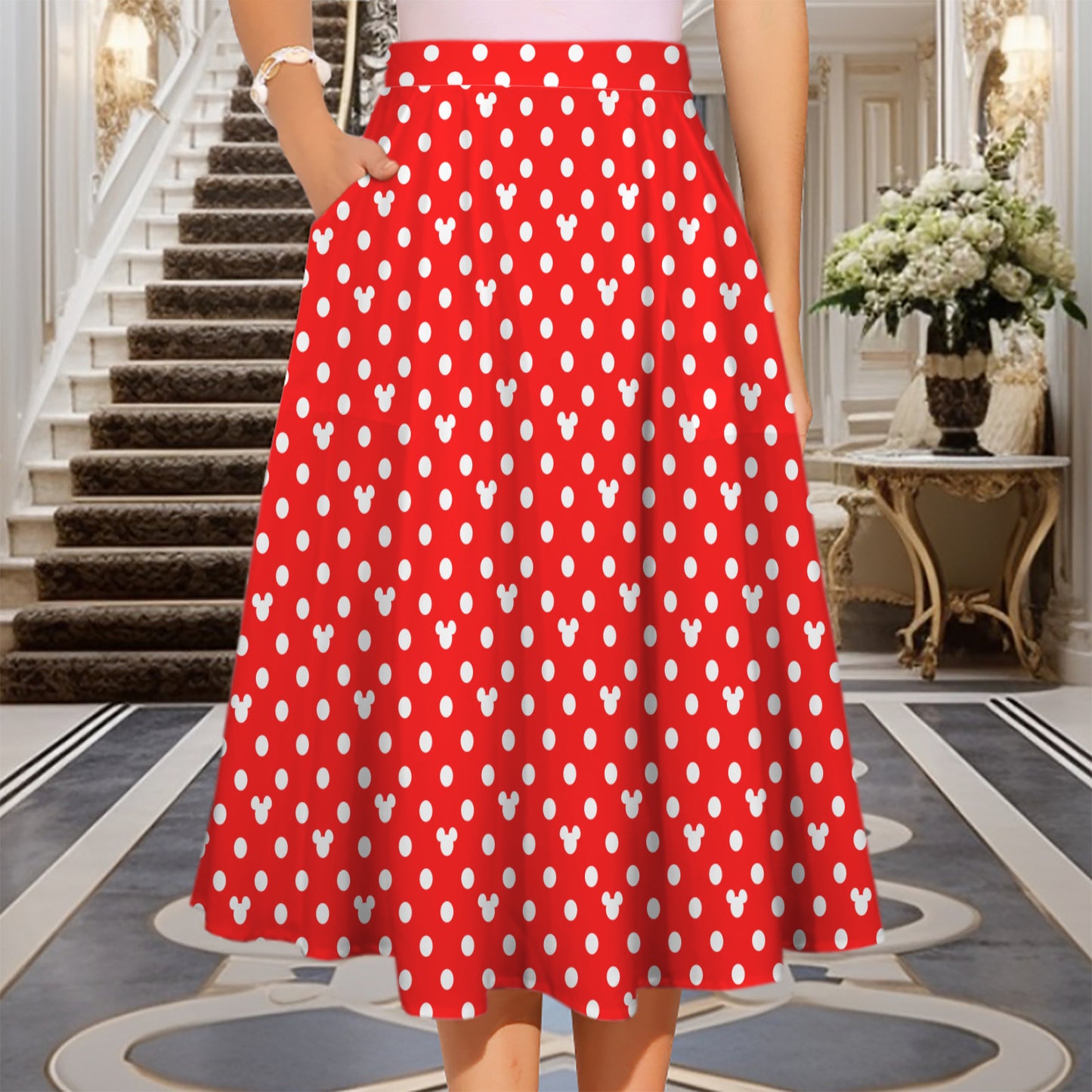 Red With White Mickey Polka Dots Elastic Waist Midi Skirt With Pockets