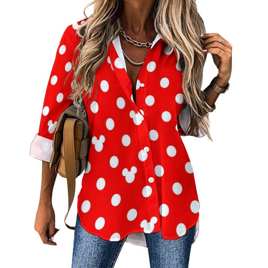 Red With White Mickey Polka Dots Long Sleeve Button Up Blouse