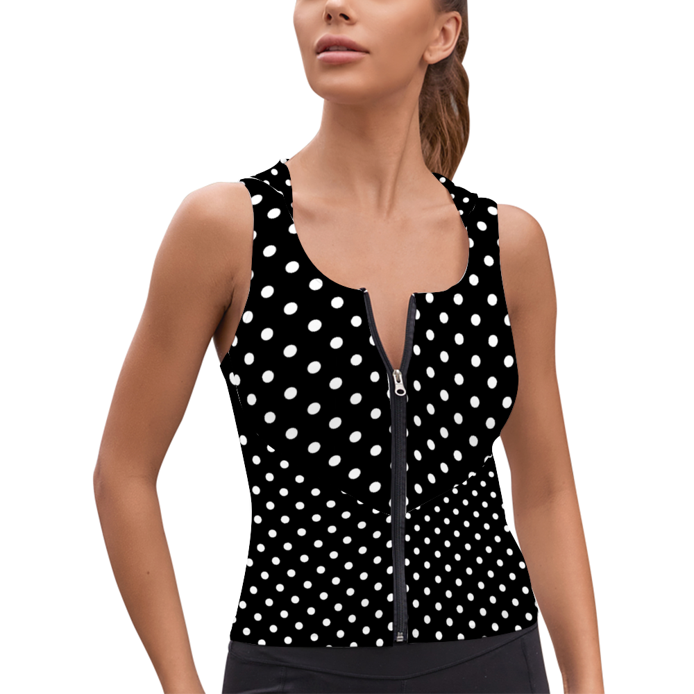 Black With White Polka Dots Women's Athletic V-Neck Sleeveless Hoodie Vest Tank Top