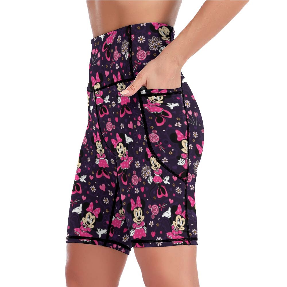 Pink Minnie Women's Knee Length Athletic Yoga Shorts With Pockets
