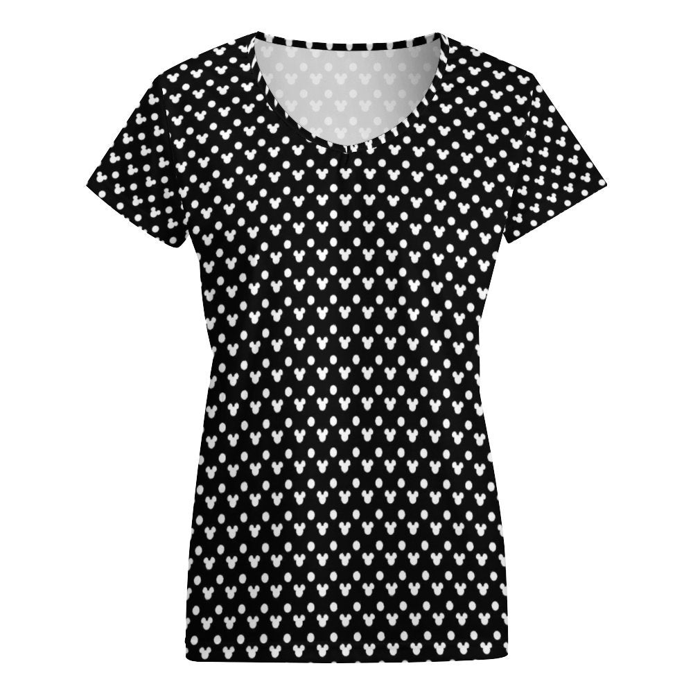 Black With White Mickey Polka Dots Women's V-Neck Short Sleeve T-Shirt