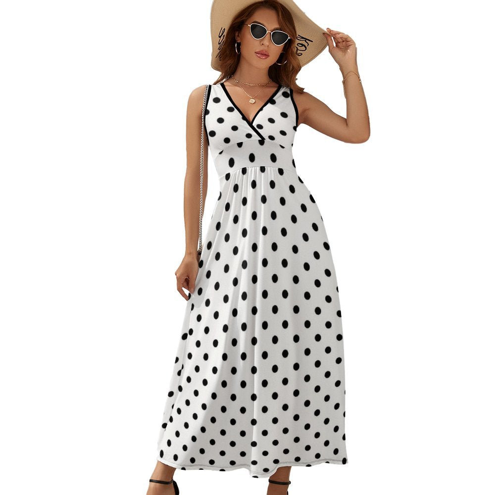 White With Black Polka Dots Women's Long Sleeveless Dress