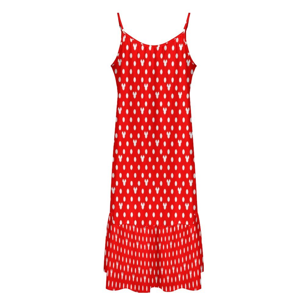 Red With White Mickey Polka Dots Suspender Sleeveless Dress