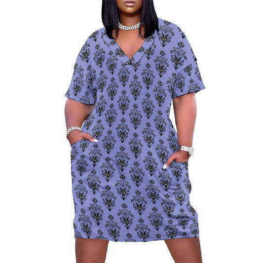 Haunted Mansion Wallpaper Women's V-neck Loose Dress With Pockets