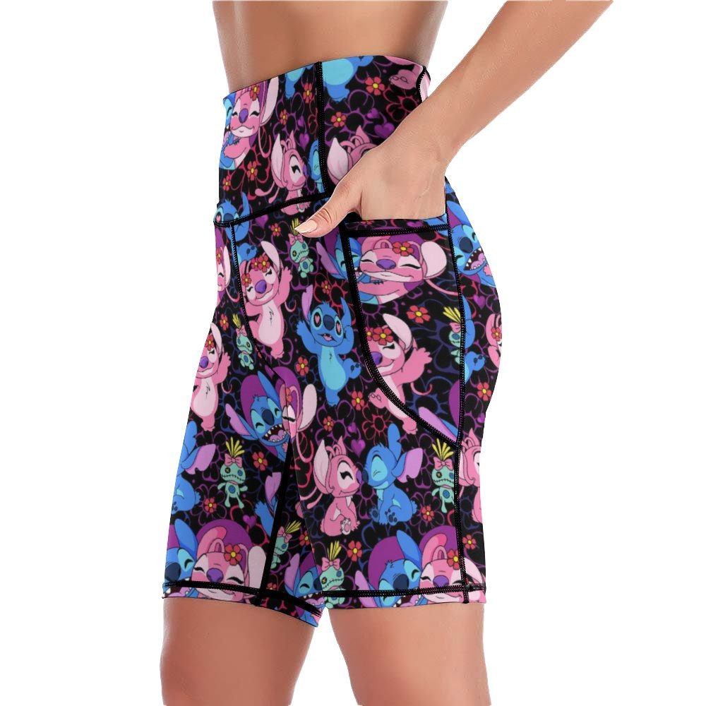 Disney Lilo And Stitch Angel Besties Women's Knee Length Athletic Yoga Shorts With Pockets