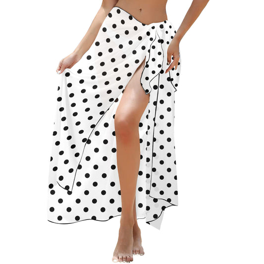 White With Black Polka Dots Long Beach Sarong Wrap