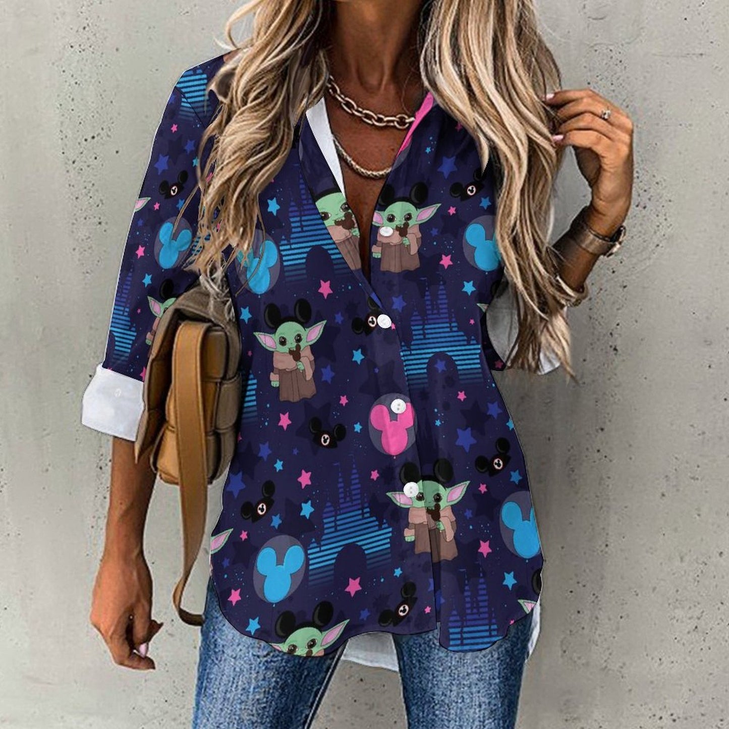 Star Wars Baby Yoda Castles Long Sleeve Button Up Blouse