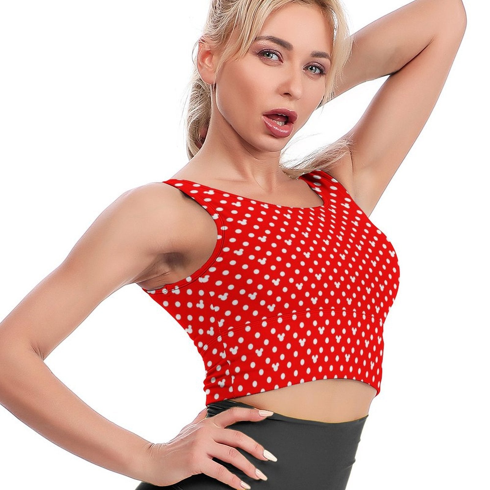 Red With White Mickey Polka Dots Women's Crop Tank Top - Ambrie