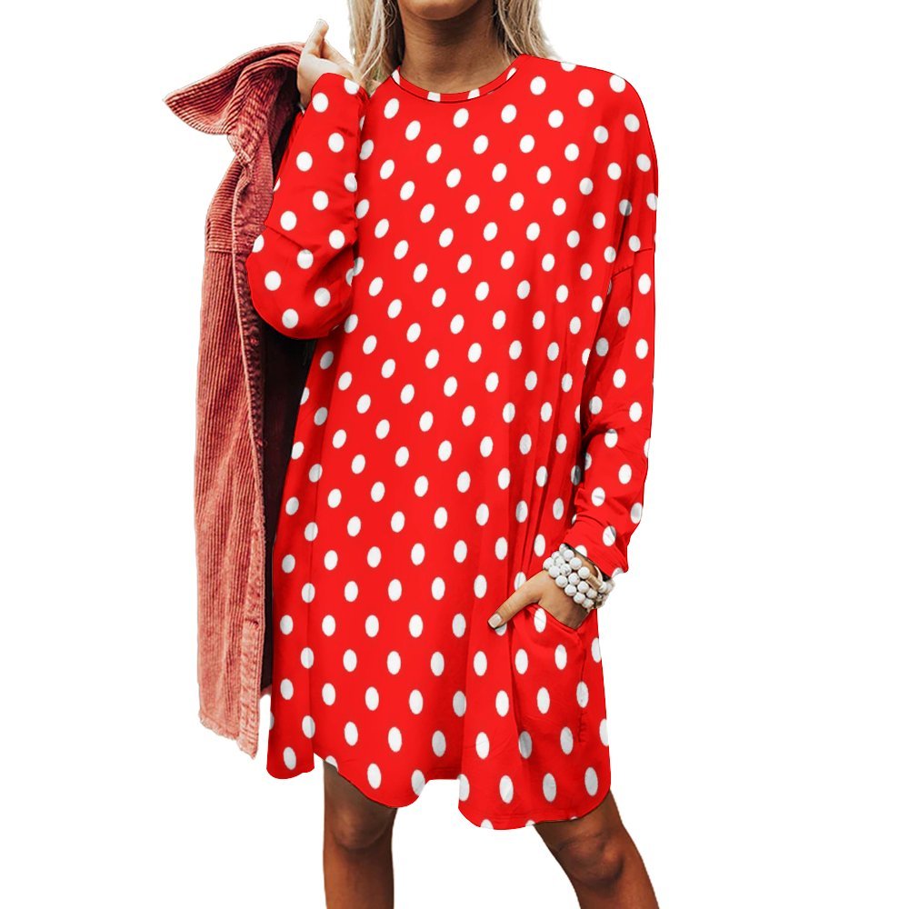 Red With White Polka Dots Women's Long Fit Sweatshirt With Pockets