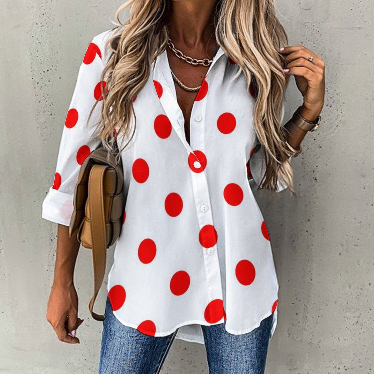 White With Red Polka Dots Long Sleeve Button Up Blouse