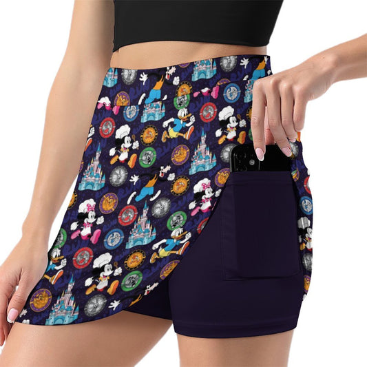 Mickey Wine And Dine Race Athletic A-Line Skirt With Pocket Solid Shorts