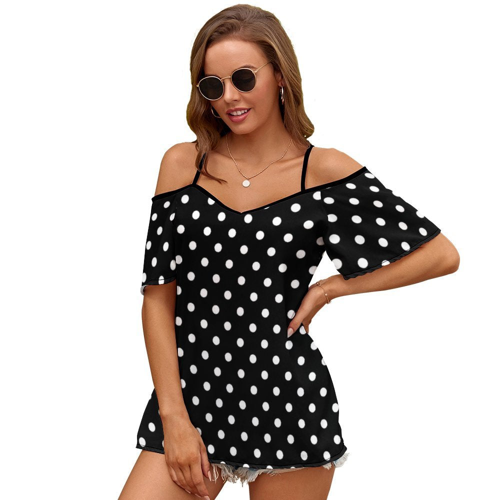 Black With White Polka Dots Women's Off-Shoulder Cold Shoulder Camisole Top