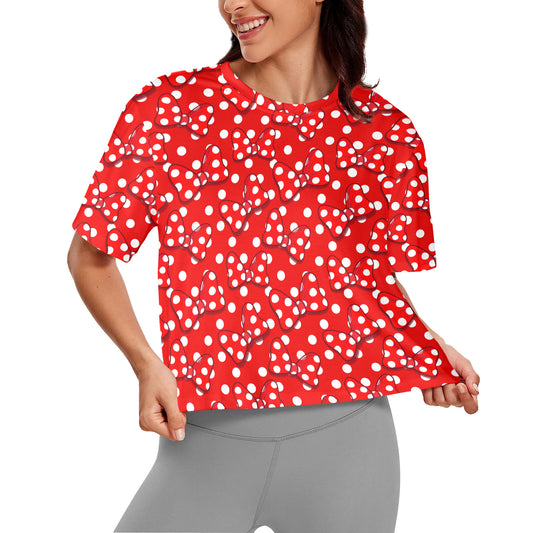 Red With White Polka Dot And Bows Women's Cropped T-shirt