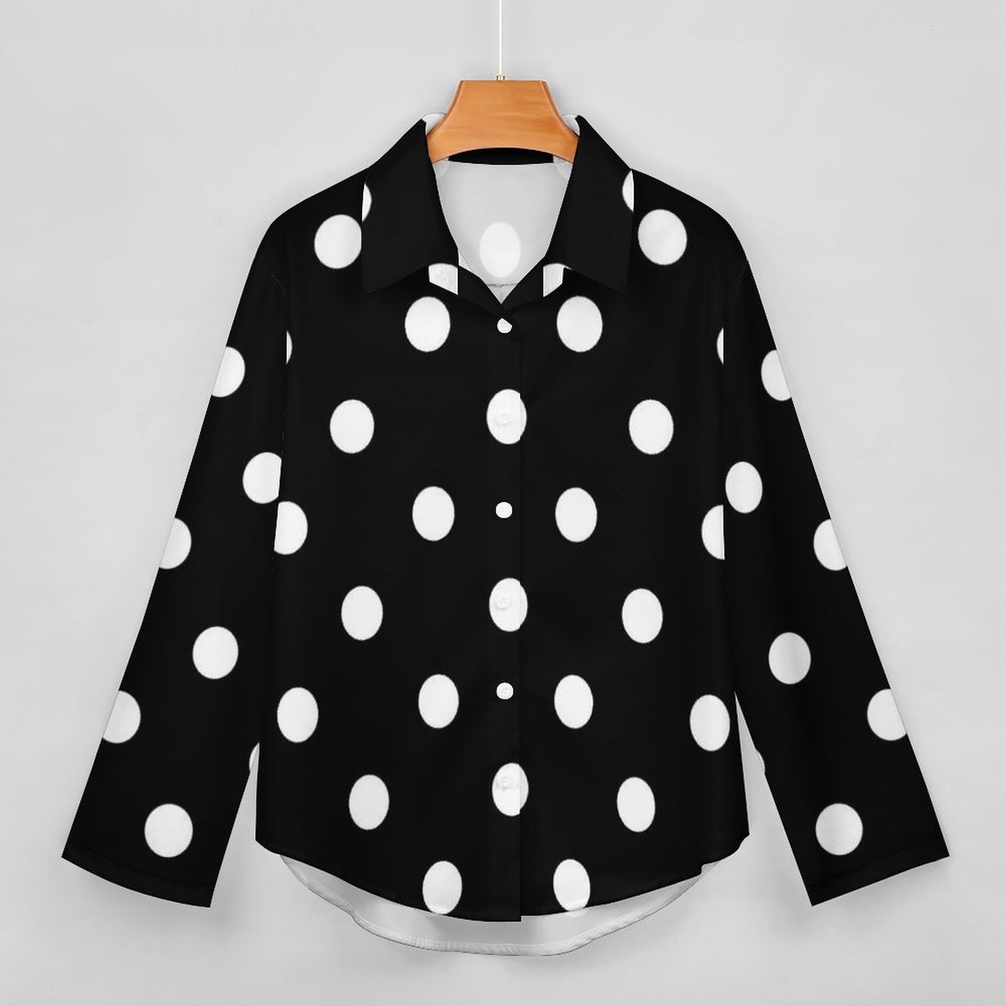 Black With White Polka Dots Long Sleeve Button Up Blouse