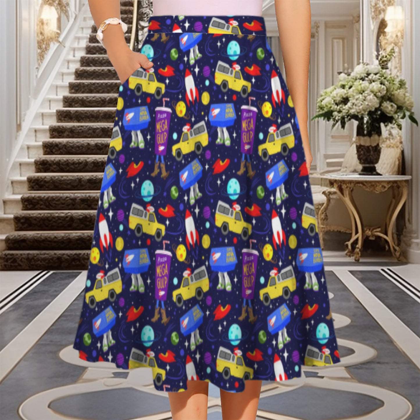 Pizza Planet Elastic Waist Midi Skirt With Pockets
