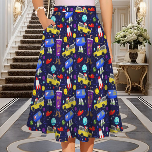 Pizza Planet Elastic Waist Midi Skirt With Pockets