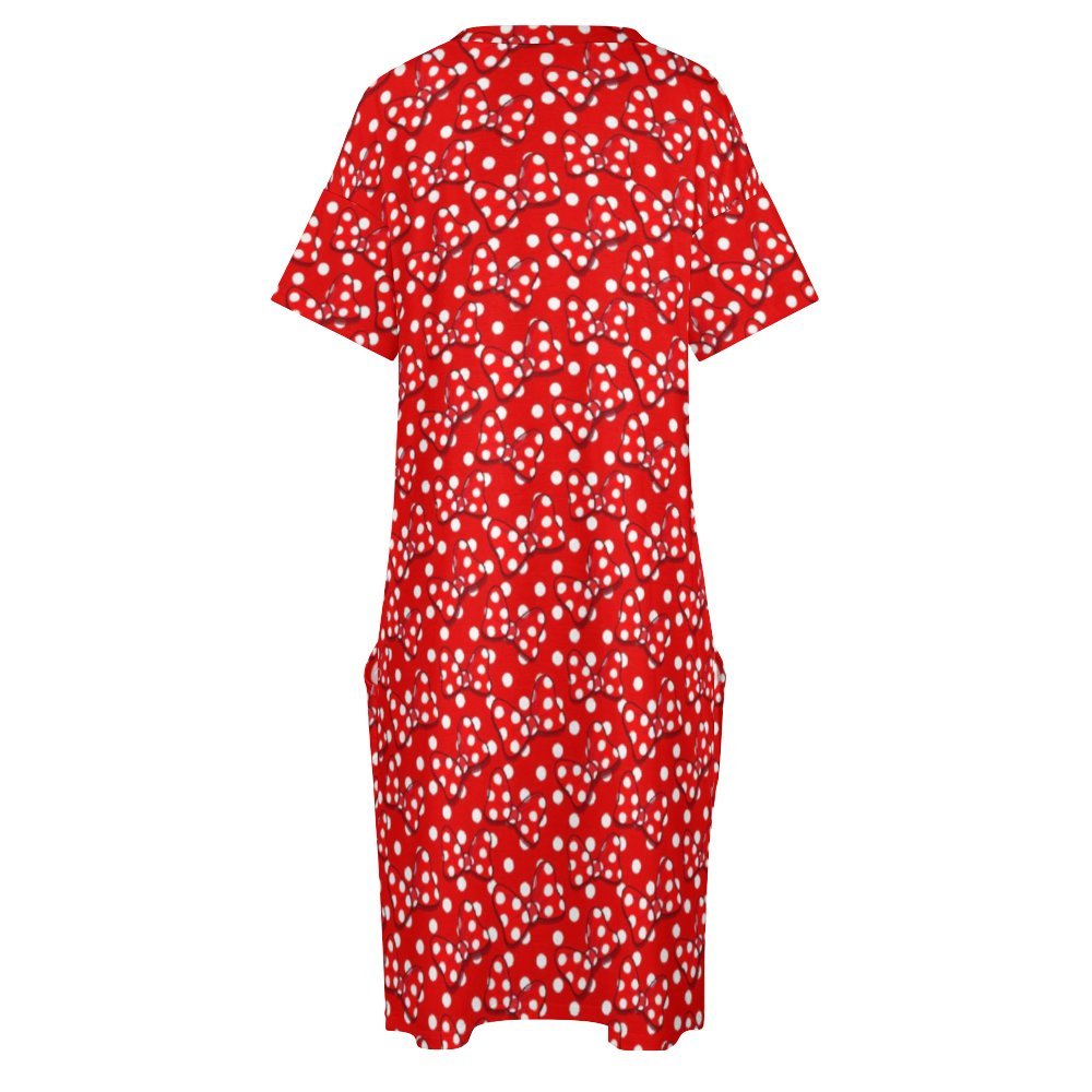 Red With White Polka Dot And Bows Women's V-neck Loose Dress With Pockets