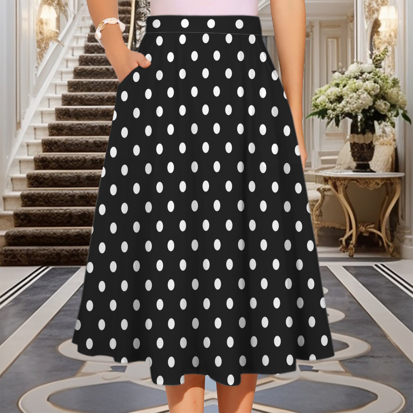 Black With White Polka Dots Elastic Waist Midi Skirt With Pockets