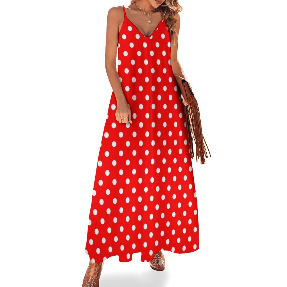 Red With White Polka Dots Women's Summer Slip Long Dress