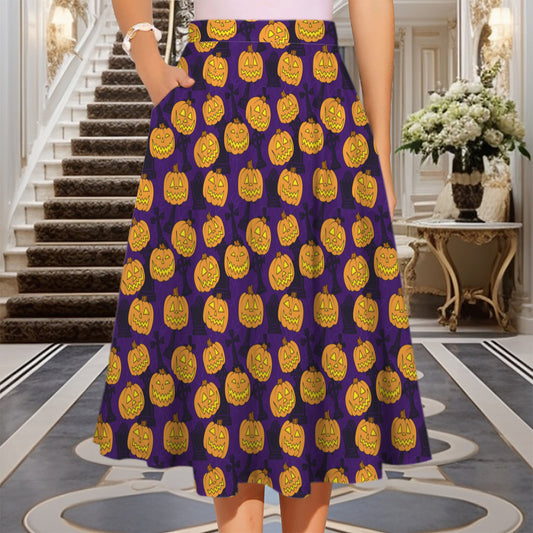 Scary Pumpkins Elastic Waist Midi Skirt With Pockets