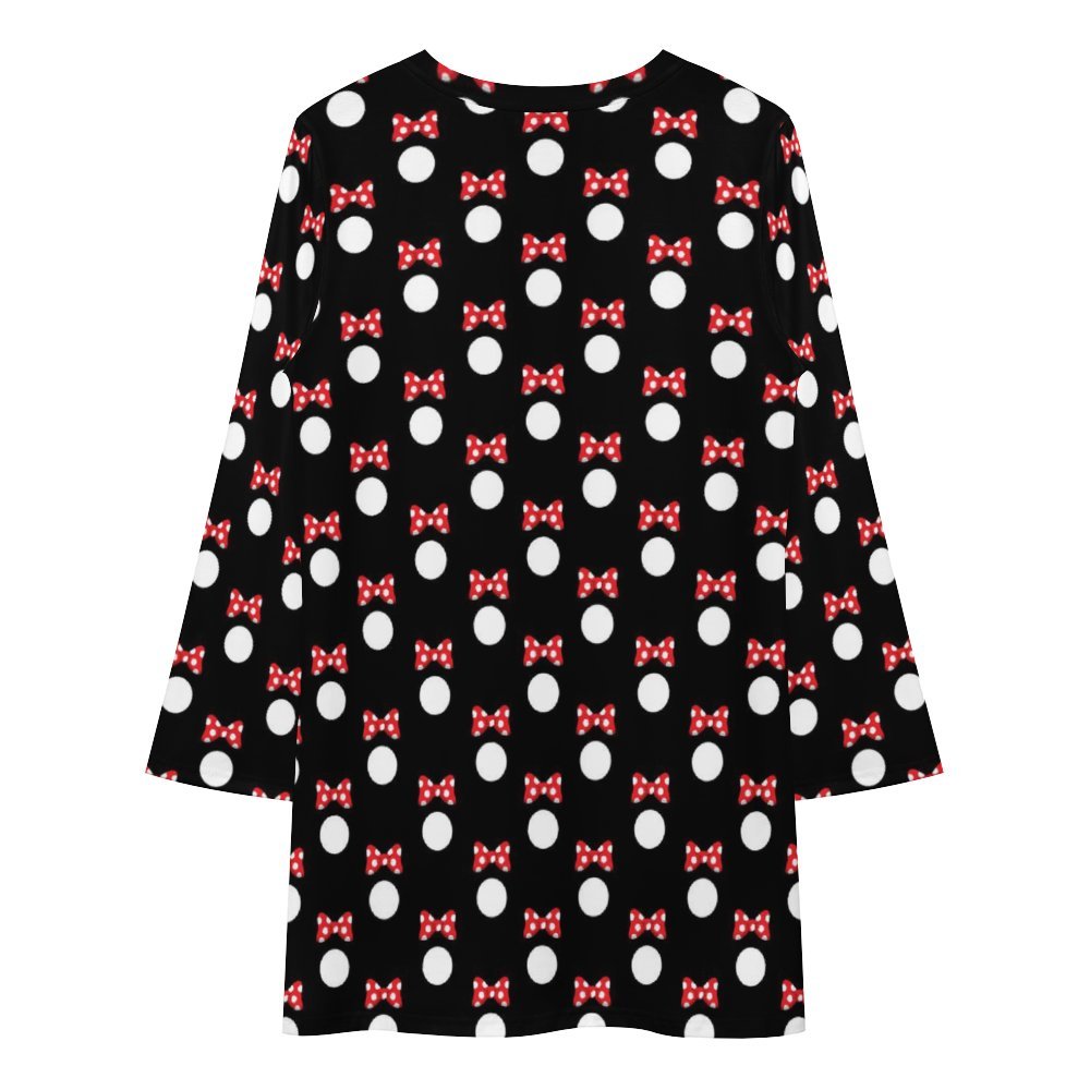 Black With White Polka Dot And Red Bows Long Sleeve Patchwork T-shirt Dress Dress